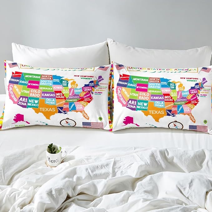 USA Map Fitted Sheet Full, Geography USA Map Bed Sheet Set for Boys Girls Educational Bedding Set Learning Time Bed Cover 3Pcs (No TOP Sheet)