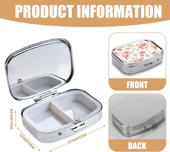 Pill Box-2 Compartment Small Pill Case Square Organizer Case with Mirror Portable Metal Medicine Box Travel Container for Pocket & Purse Women Men(Pink Spring Floral)