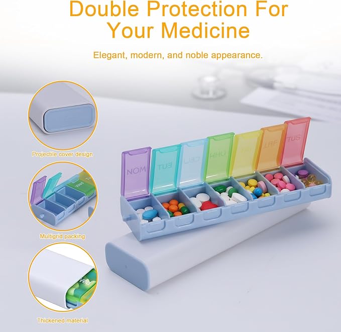 7-Day Pill Organizer, Weekly Medicine Case with Secure Flip-Top Lids, BPA-Free Travel Pill Box for Vitamins & Supplements, Easy-Fill Compartments for Home & Travel (White)