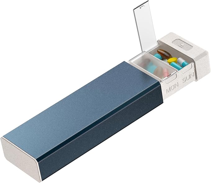 HEIYING Pill Organizer with Aluminum Shell for One Week Capacity, Portable 7 Compartments Pill Box Container to Hold Vitamin, Medicine, Supplements