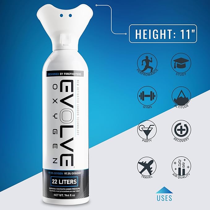 EVOLVE 22-Liter Pure Oxygen Canister with Breathing Cup | Portable Oxygen Can | Ideal for Home Use and Outdoor Activities | Designed by Firefighters | Made in The USA | Pack of 3