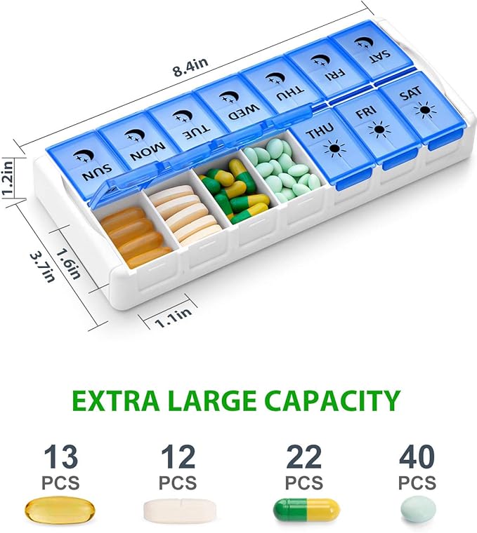 Weekly Pill Organizer 7 Day 2 Times a Day Extra Large, Quick Fill 2020 Fullicon AM PM XL Daily Pill Cases Pill Box with Detachable Base - White/Blue (Patent Registered)