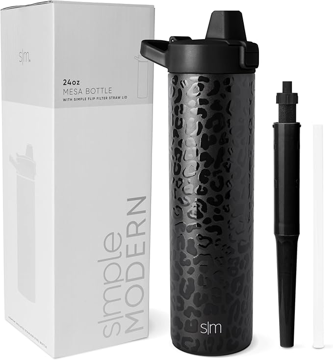 Simple Modern Filtered Water Bottle | Insulated Stainless-Steel Carbon Filter Travel Water Bottles | Reusable for Clean Drinking Water On The Go | 24oz, Black Leopard
