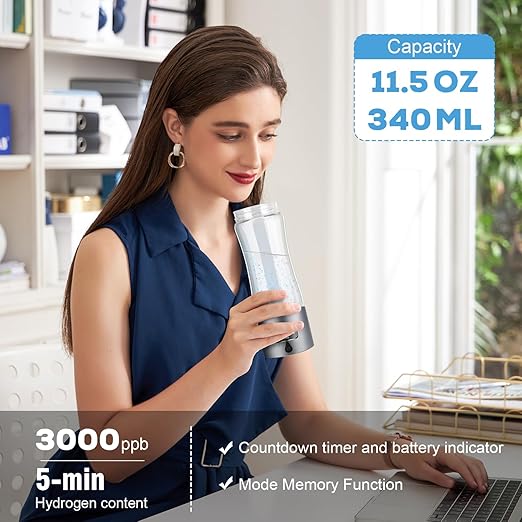 Hydrogen Water Bottle Generator, 340ml Portable Hydrogen Water Maker with SPE/PEM Technology, 5000ppb Rechargeable Ionizer Machine for Health & Wellness, BPA-Free Glass
