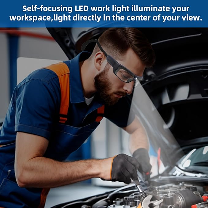 Tinted Safety Glasses for Men and Women with Rechargeable LED Lights-High Lumens 13 Hours Runtime ANSI Z87.1 TR90 Frame Strap＆2 Lens Included