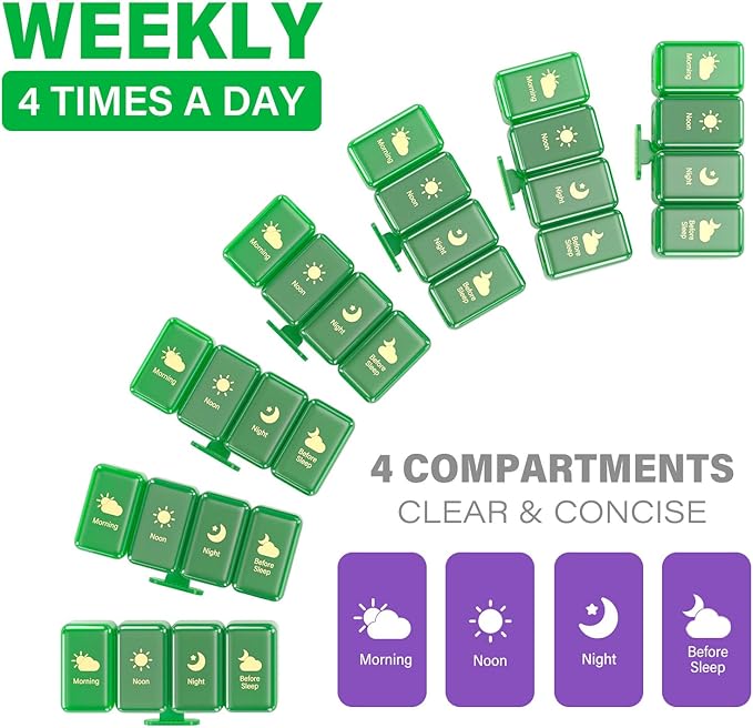 Weekly Pill Organizer 4 Times a Day, Large Compartments Pill Box 4X 7 Day, Medicine Organizer Pill Case for Pills/Vitamins/Fish Oils/Medication/Supplements (Green)