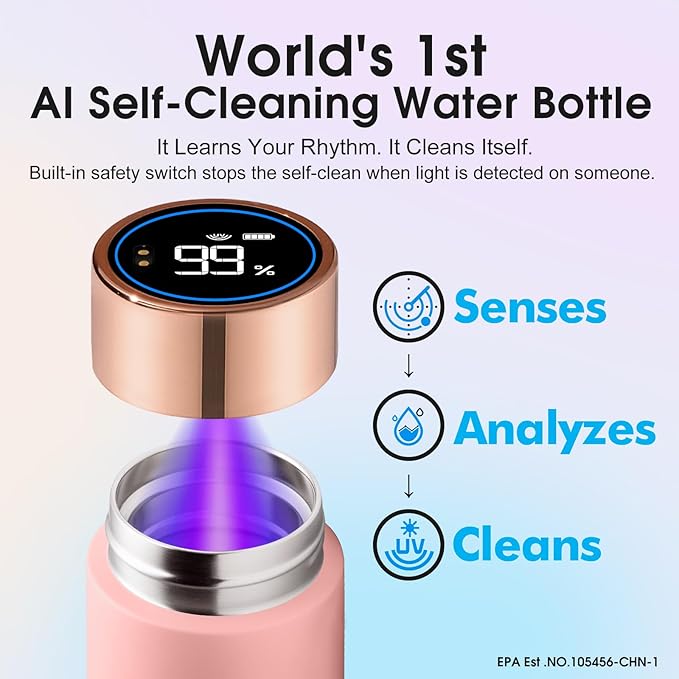 Vsitoo 8.5oz self-cleaning Mini Insulated Water Bottle,Stainless Steel Vacuum Flask,AI Self-Clean,30-Day Battery Life,BPA-Free,Perfect Small Water Bottle for Travel, Purse,Pink