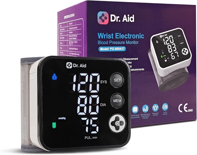 Dr. Aid Wrist Blood Pressure Monitor - Digital BP Machine with Adjustable Blood Pressure Cuff (13.5–19.5 cm), Large LED Display, Dual-User Memory (90 Each), WHO Indicator, Movement & Cuff-Fit Alerts