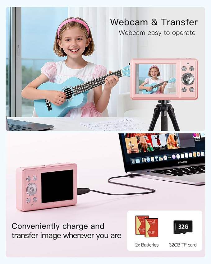 Digital Camera, FHD 1080P Point and Shoot Camera with 32GB SD Card, 2 Batteries, 16X Zoom, Anti Shake, Compact Small Design for Kids Teens Students Girls Boys (White)