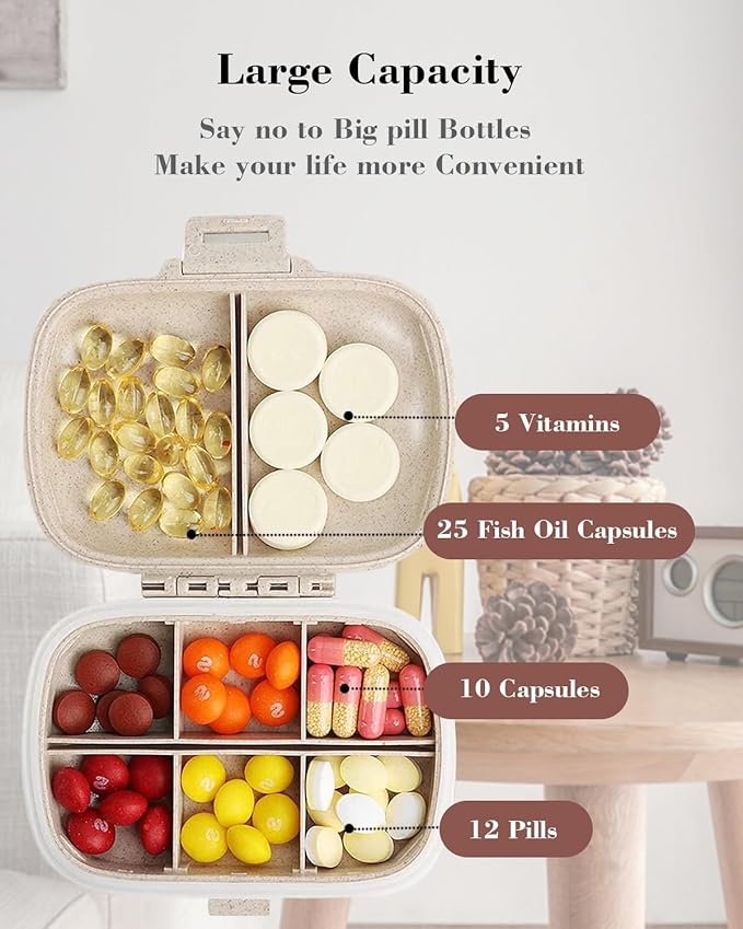 Pill Organizer with Medicine Labels Travel Daily Pill Container Mini Medication Organizer Storage Pill Organizer Travel Essentials Pill Case 7 Day Pill Organizer (Beige, 161 Lables)