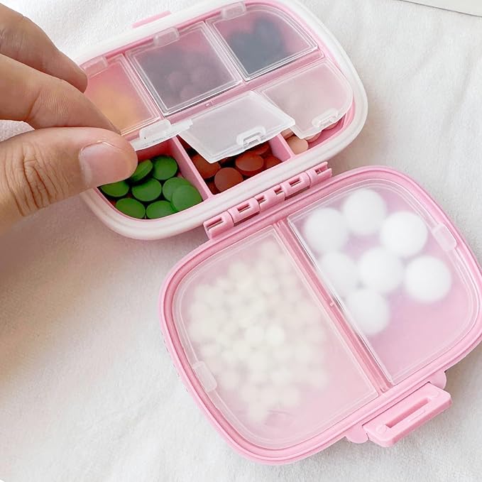Bling Pill Case for Purse Medicine Vitamin Container Holder Pocket Pill Case Round Medicine Organizer for Travel Medicine Kit (8 Compartment Pink)