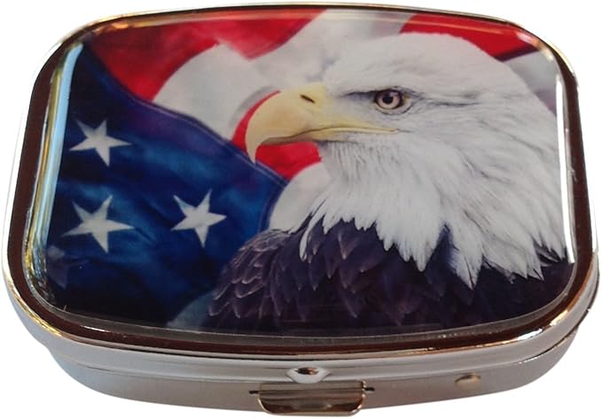 American Flag Bald Eagle Patriotic Silver Two Section Rectangular Pocket/Purse/Travel Pill Box