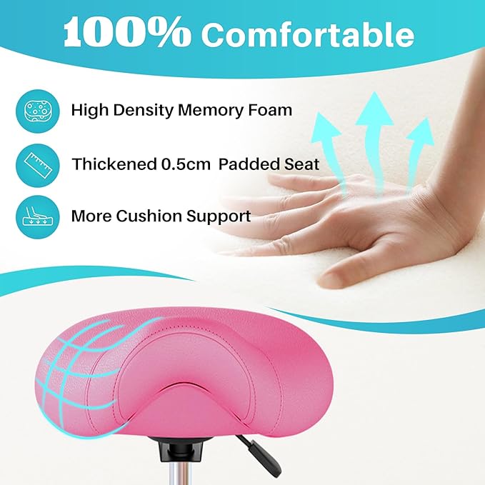 YEEZEE Saddle Stool Ergonomic- Comfortable Rolling Saddle Stool with Wide Thick Saddle Seat Padding, Swivel Adjustable Saddle Chair with Wheels and Ring Pedal for Medical Massage Salon (Pink)