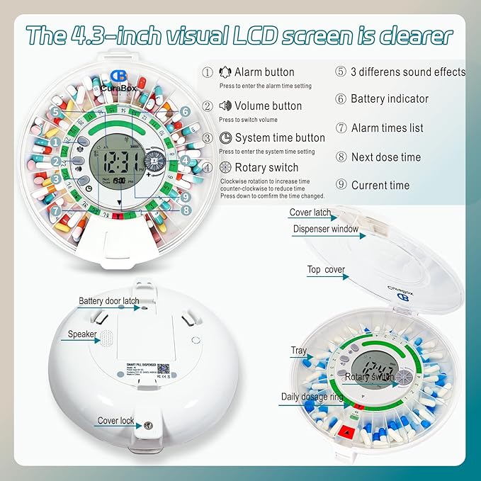 Automatic Pill Dispenser with Alarm - 28-Day Medicine Dispenser for Elderly & Alzheimer's Care, 8 Dosage Templates Locked Pill Reminder with Voice Alerts for Prescriptions, Vitamins