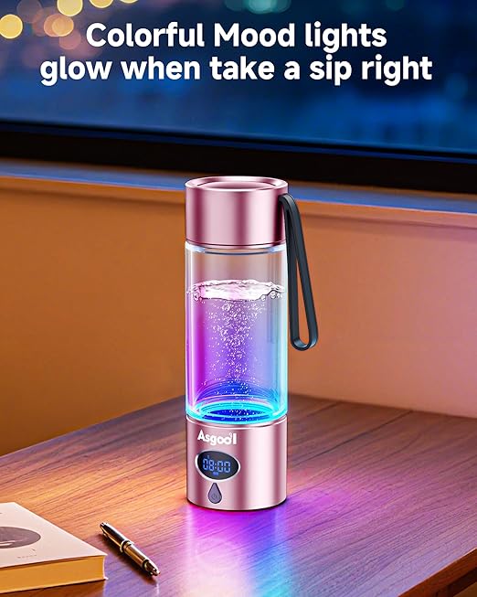 Hydrogen Water Bottle - 5000 PPB in 8 Minutes, Cyclic Mode for 8 Hours, Self Clean, Aluminum & Glass, for Travel Sports Office Home, Gift for Father Mom Family Friends Clients(Pink, 12Oz)