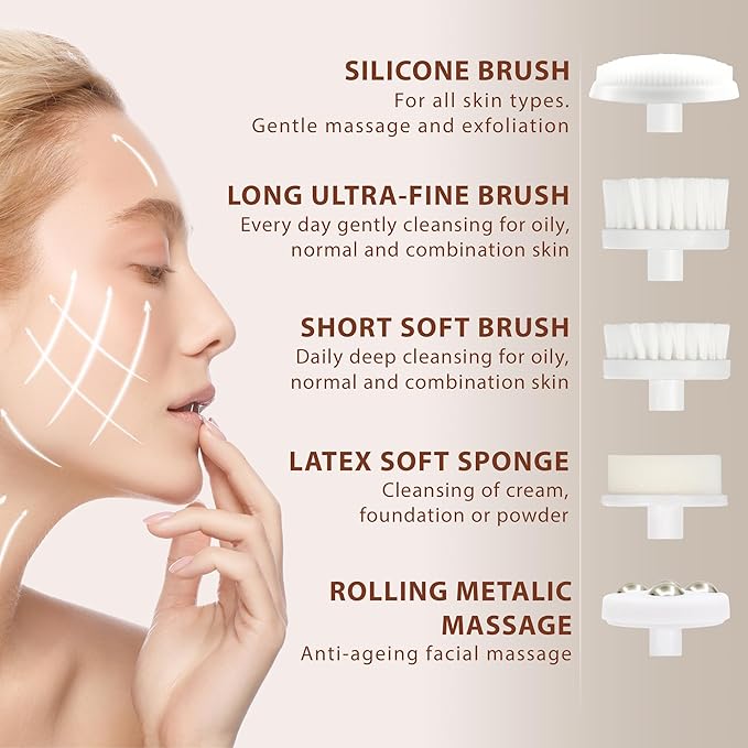 Facial Cleansing Brush Face Scrubber Exfoliating Cleaning Skin Care Cleanser Wash Women Girls Electric Beauty Powered Exfoliator Skincare Spin Tools Scrub Washer Self Care by VISOFO (Pearl)