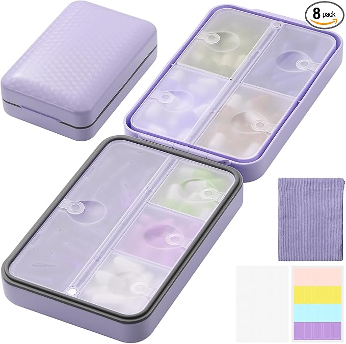 Travel Pill Organizer with Blank Labels, Weekly Pill Box, 8 Large Compartments Medicine Organizer, Moisture-Proof Pill Case for Vitamin, Medicine, Fish Oil/Supplements,