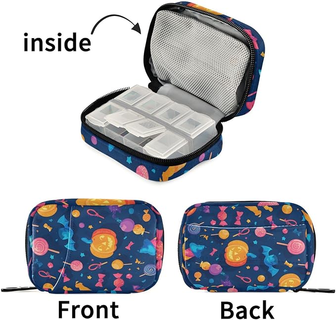 Sweet Halloween Pumpkin Travel Pill Organizer Case Box Container Weekly Portable Vitamin Medicine Holder Storage Bag with Zipper Removable