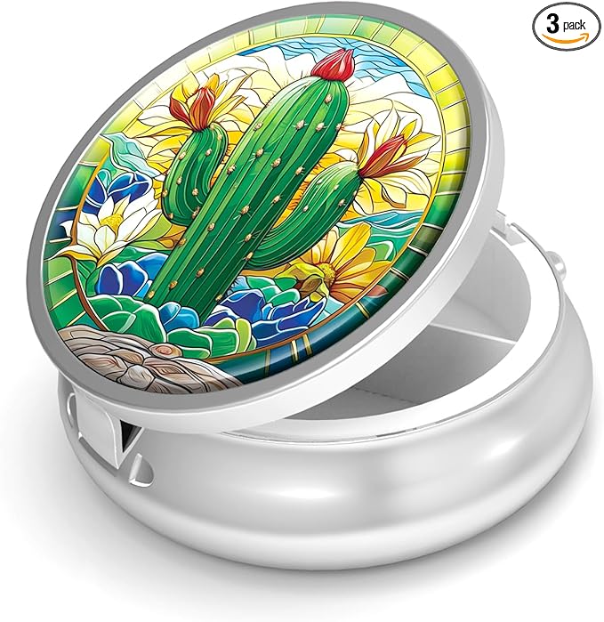 Pill Box-3 Compartment Small Pill Case for Purse & Pocket Mini Metal Pill Holder Travel Pill Container to Hold Supplements Vitamins BPA-Free (Cactus)