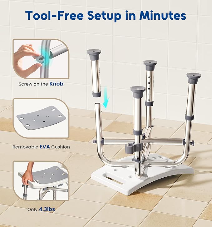 Shower Chair for Inside Shower, FSA/HSA Eligible 350lbs Heavy-Duty Bath Stool with Reinforced Crossbar, Padded Tub Seat, Adjustable Height for Elderly Disabled, Tool-Free Assembly, Rectangular