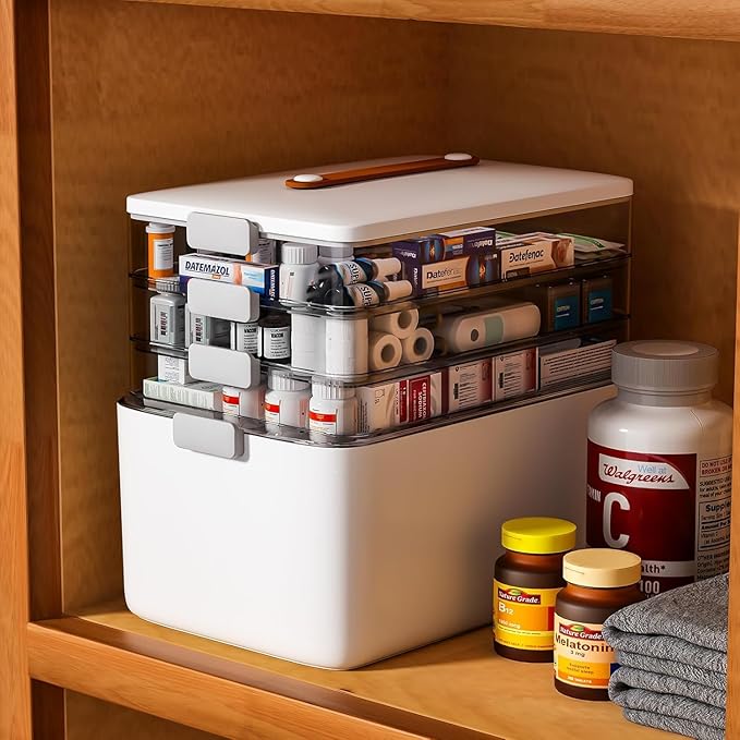 funest 4-Tier XL Medicine Organizer with Leather Handle - Portable Pill Case & Empty First Aid Kit with Removable Trayfor Home, Travel, RV, School, Dorm, White