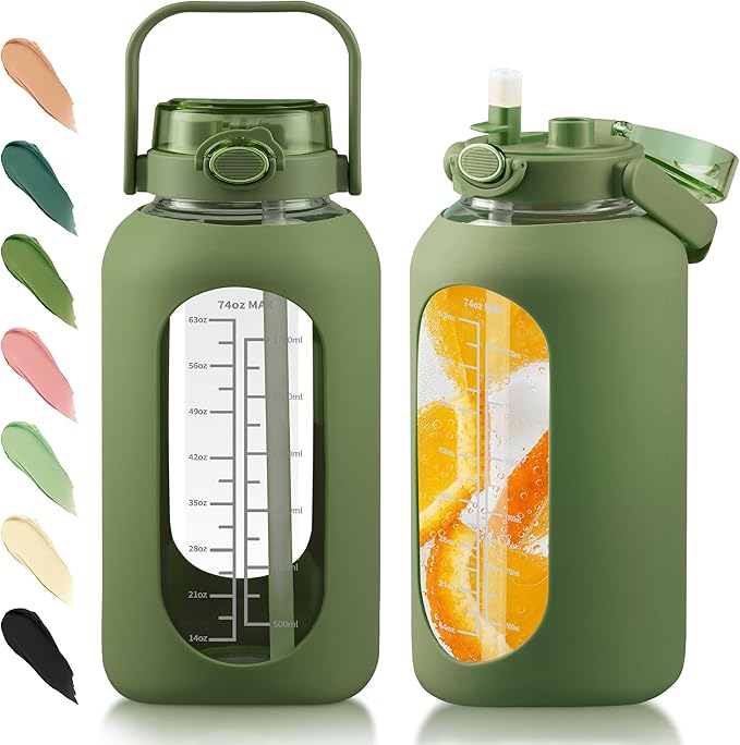 Glass Water Bottle with Straw and Handle Lid Half Gallon Motivational Glass Bottle with Silicone Sleeve and Time Marker Large Reusable Sports Water Jug for Gym Home Workout