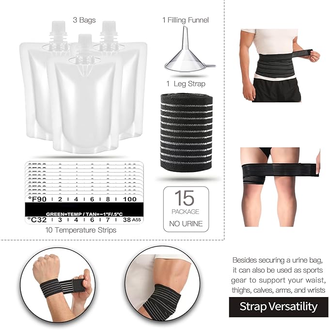 15 Pcs Urine Test Complete Kit Includes 3 Transparent Leakproof Bags,10 Adhesive Temperature Test Strips,59" Adjustable Leg Straps,Filling Funnel,Portable Travel Urine Test Bag