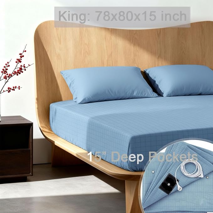 Grounding Sheets King Size, 20% Pure Silver Fiber + 80% Organic Cotton, Grounded Sheet Earth Connected Bedding