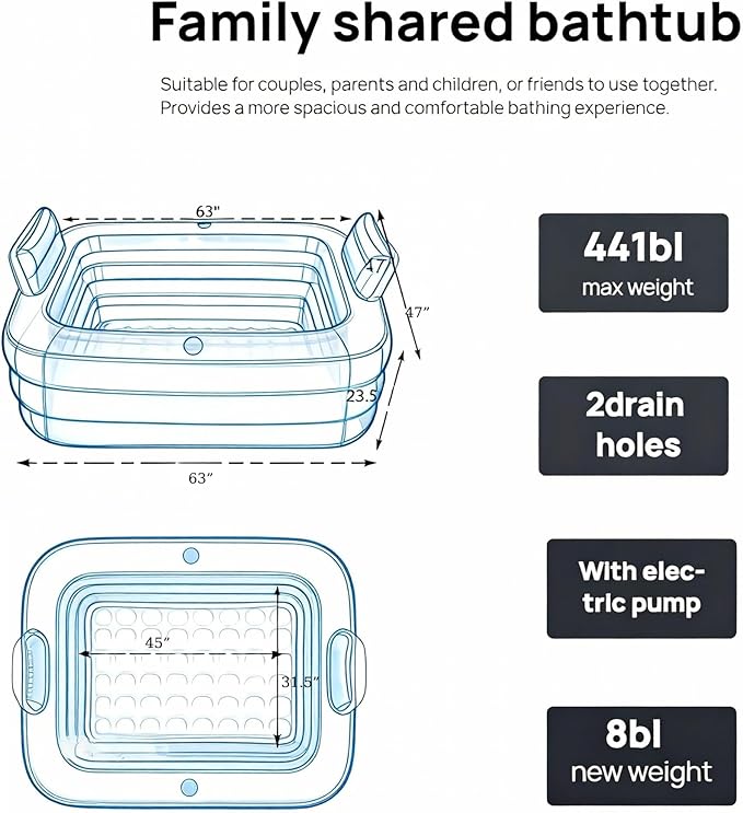 Double Inflatable Bathtub for Adults with Electric Air Pump, Portable 2-Person Spa Tub for Outdoor/Indoor Use, Includes Bath Pillow, Drain & Cup Holder, Foldable Storage, Blue