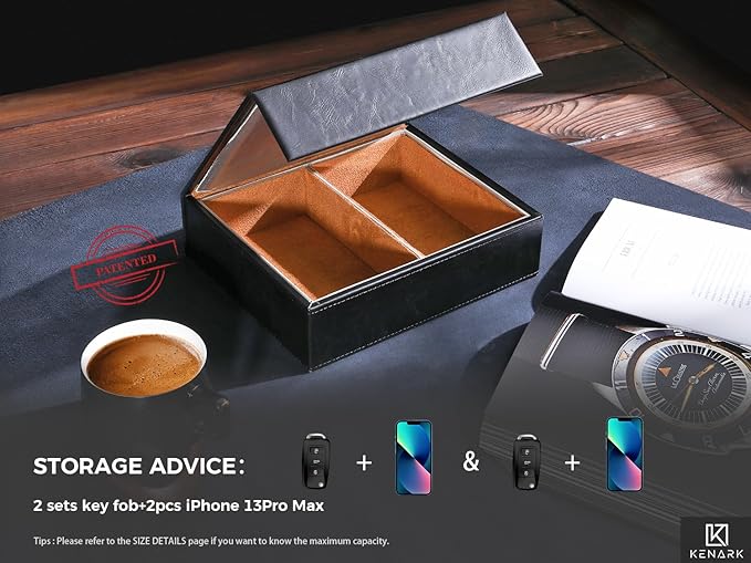 KK7 PLUS-BK Faraday Key Fob Protector Box with 2 Slots, RFID Signal Blocking Shielding Box for Car Keys, Anti-Theft Vintage Faraday Cage with High-Grade Protein Leather, Black - Size: XL