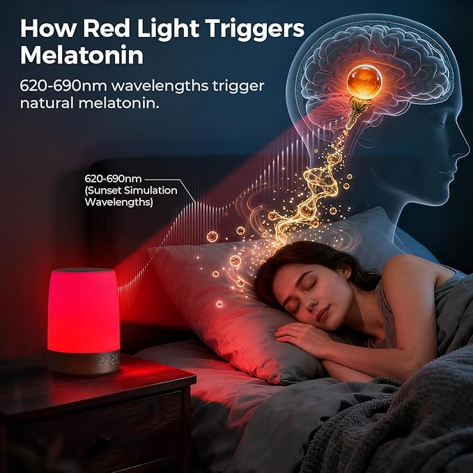 Smart Red Light Therapy Lamp & Sleep Sound Machine for Bedroom with Alarm Clock, 32 White Noises Sound Machine, Night Light with App Control, 5-Level Red Light (620–690nm), 2600mAh Battery（Large）