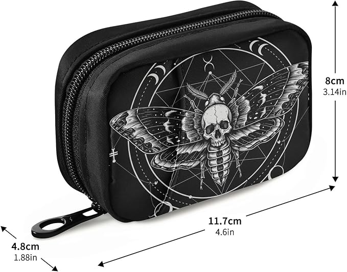 Travel Pill Organizer Bag Weekly Pill Organizer Case Goth Black Skull Moth Portable Small Daily Pill Boxes for Vitamin Fish Oils Supplement Holder with Zipper Compact Size