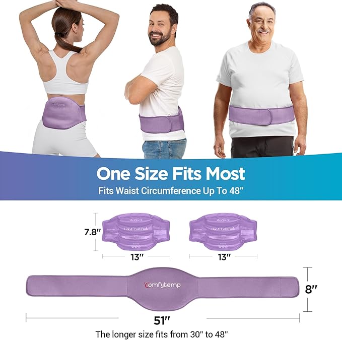 Comfytemp Ice Pack for Back Pain Relief, 2 Pcs, Sciatica Ease Brace, Reusable Gel Lower Back Ice Wrap for Injuries, Hot Cold Compress for Lower Lumbar, Waist, Men Women After Surgery (Purple)