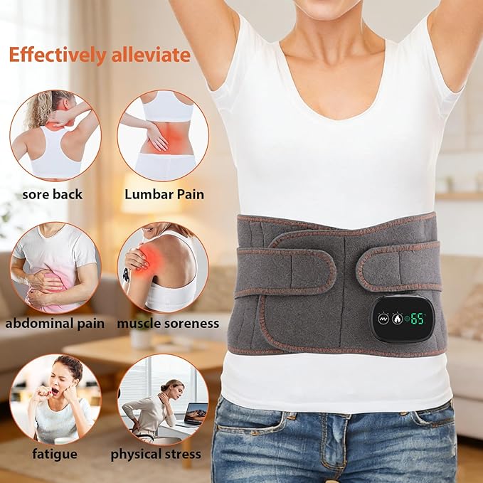 Lower Back Massager with Heat, Heating Pad for Back, Stomach Heating Pad, Cordless Portable Waist Massage Belt with Heat Vibration 3 Levels Adjustable, Touchscreen Control, Adjustable Size (Grey)