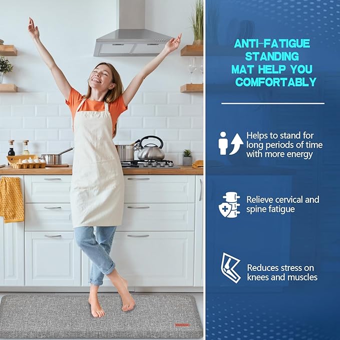 Anti Slip 7/8 inchs Anti Fatigue Kitchen Floor Mat, Ergonomic Comfort Standing Mat, Waterproof Kitchen Runner for Home, Kitchen, Office, Laundry, Garage (Light Gray, 17.3" x 60" -0.87")