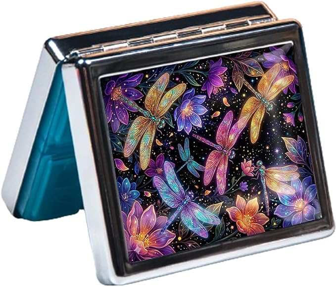 Metal 7 Day Pill Organizer, Cute Small Weekly Pill Case with 8 Compartments for Travel, Moisture-Proof Medicine Holder for Purse, Compact Daily Vitamin Box (Glow Dragonflies)