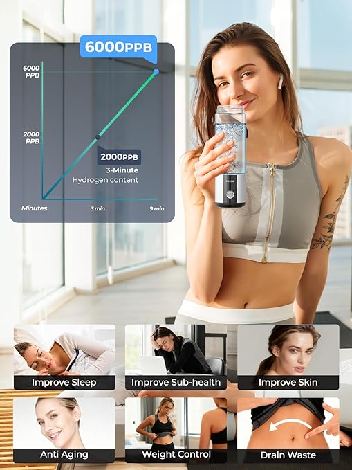 Hydrogen Water Bottle, Up to 6000ppb | Hang & Go Portable Hydrogen Water Bottle Generator with SPE/PEM Technology, Leak-Proof Design for Home, Office, Travel, Hiking, Sports & Outdoor Activities