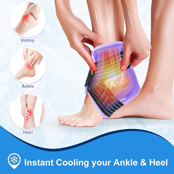 Atsuwell Ankle Ice Pack Wrap, Reusable Gel Ice Cold Packs for Ankle Foot Heel, Foot Ice Wrap with Soft Plush Lining, Cold Compress Therapy for Soothing Discomfort, Purple