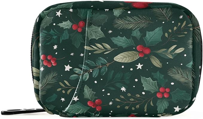 Holly Berries Pine Needles Stars Dark Green Travel Pill Organizer Case Box Container Weekly Portable Vitamin Medicine Holder Storage Bag with Zipper Removable