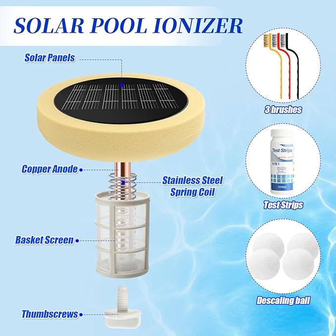 Qualirey Solar Pool Ionizer Automatic Floating Water Cleaner and Purifier, 90% Less Chlorine, with 4 Pcs Scum Eliminating Ball, up to 45, 000 Gallons for Fresh, Salt Water Pools and Spas (Yellow)