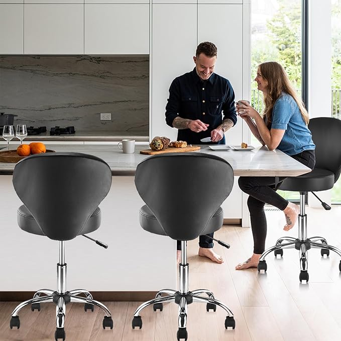 Leather Rolling Salon Stool with Back Support and Wheels Adjustable Height Swivel Spa Stools for Office Massage Facial Medical Drafting Tattoo Beauty Barber Lab Doctor Clinic Tattoo, Black