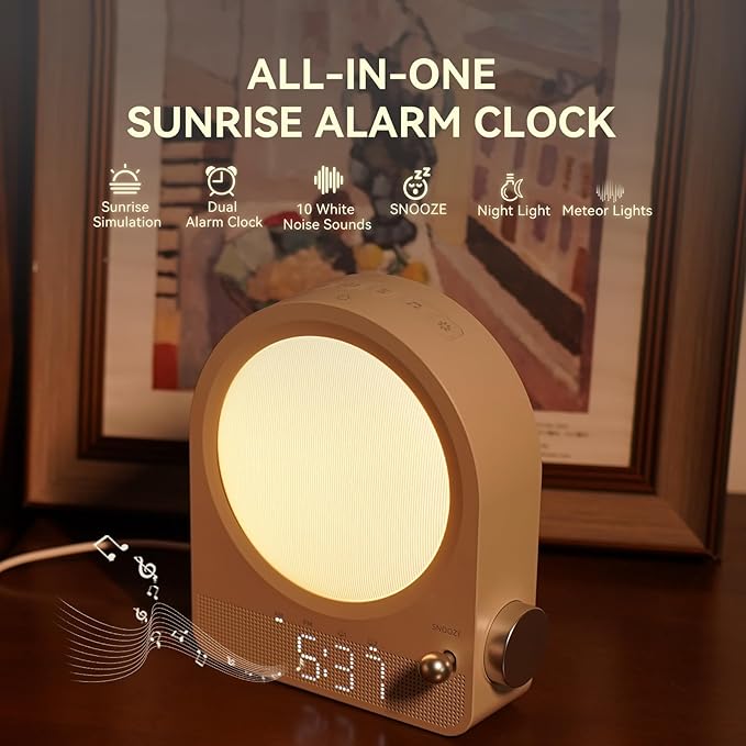 Vivilumens Sound Machine Alarm Clock, Gentle Sunrise Wake Up Light Alarm Clock for Heavy Sleepers Adults, Dimmable Night Light & RGB Meteors Lights Mode, 10 Natural Sounds, Great Gifts for Her