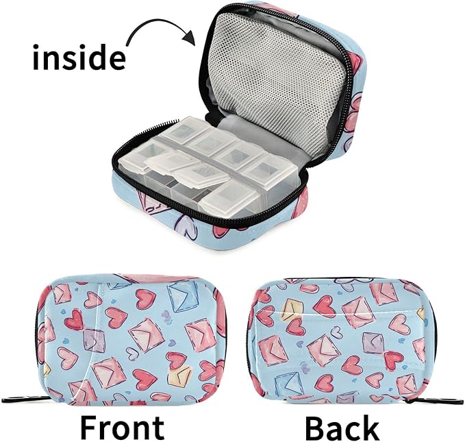 Pink Hearts Blue Letter Travel Pill Organizer Case Box Container Weekly Portable Vitamin Medicine Holder Storage Bag with Zipper Removable