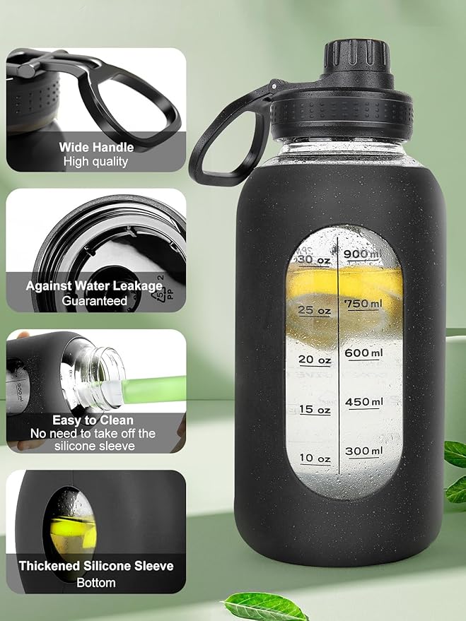 40oz Glass Water Bottle with Handle Lid Time Marker Motivational Sport Water Jug with Silicone Sleeve Water Flask Canteen Wide Mouth Water Bottle for Gym Workout Travel Office Home Everyday Hydration
