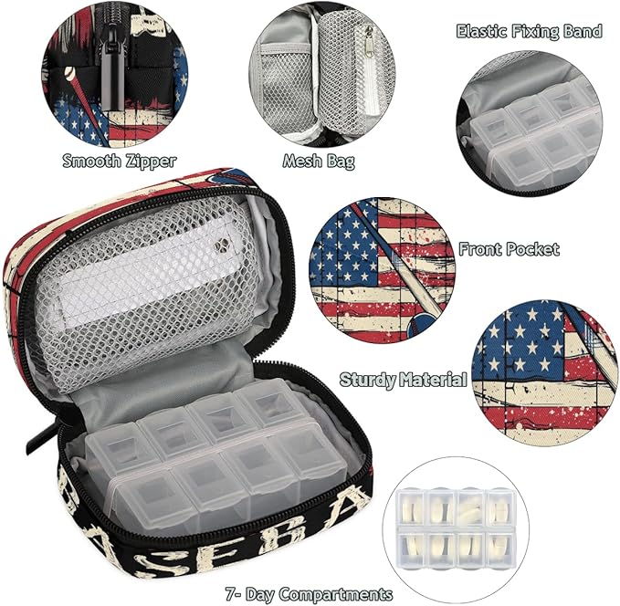 American Flag Baseball Travel Pill Organizer Box Weekly Portable Pill Case Daily Pills 7 Day Small Birth Control Pills Container Removable Compartments for Medicine Vitamins Fish Oil