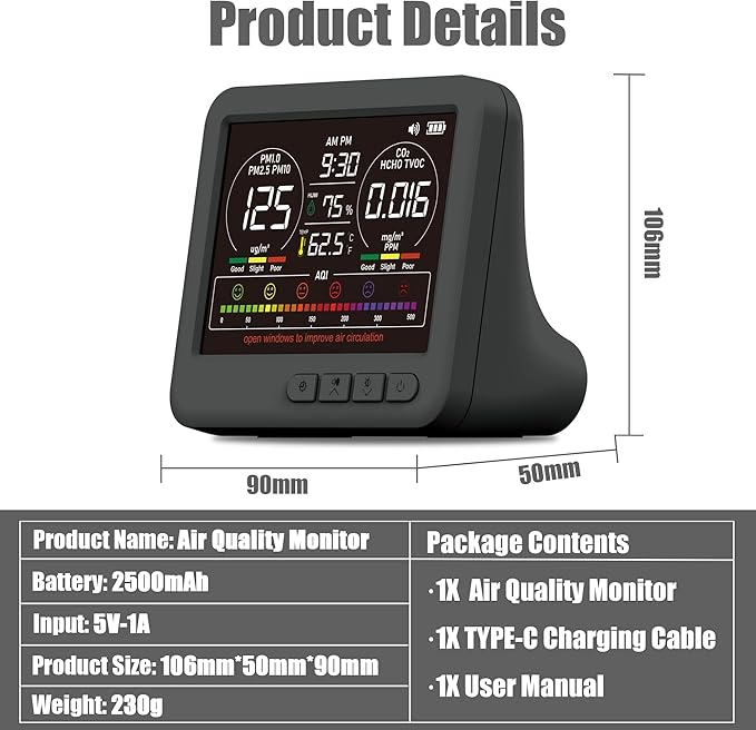 Professional Indoor Air Quality Monitor with 7X AQI Alarms,16 in 1 Portable Real-Time Detector for PM2.5 | PM10 | CO2 | TVOC | HCHO | Temp | Hum for Home Cars Plants Pets (Black)