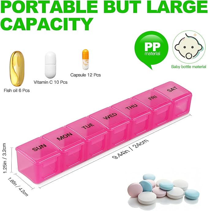 Pill Organizer 2P Pink XL Extra Large Weekly and Daily Pill Cases for Pills/Vitamin/Fish Oil/Supplements - 2P