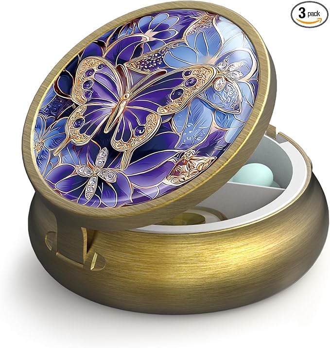Small Pill Case Pill Box with Mirror Retro 3 Compartment Pill Holder for Purse or Pocket Bronze Portable Medicine Vitamin Container Fish Oil and Supplement Storage BPA-Free(Purple Butterfly)