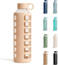 purifyou 40oz / 32oz / 22oz / 12oz Borosilicate Glass Water Bottle with Time & Volume Markers, Silicone Sleeve, Stainless Steel Lid | Reusable Glass Bottle for Water & Juice (32oz Hazelnut)
