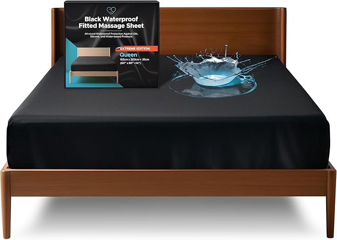 Extreme Queen Waterproof Fitted Sheet, 14'' Deep Pocket, 100% Black Mattress Protector, Safe with Oil, Water-Based, & Silicone-Based Massage Products, Machine Washable, Noiseless, Hypoallergenic